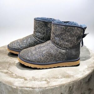 UGG Mini Bailey Bow Blue Glitter Cheetah Print Boots Size 7